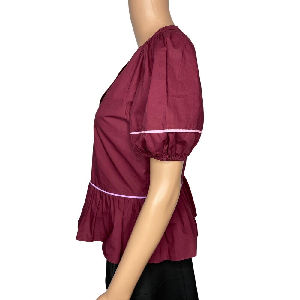 English Factory women’s Piping Detail Top Short Puff Sleeve size XS Burgundy - Picture 5 of 8